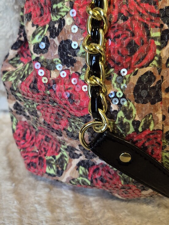 Betsey Johnson Sequined Pleated Tote Black Floral Hobo Handbag Purse Colorful main image 3